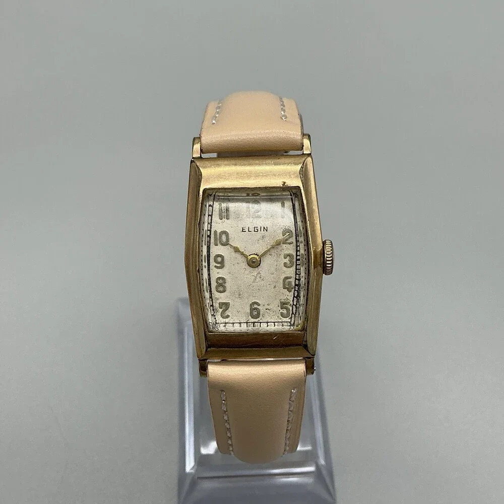 Vintage Elgin Mens Watch 21mm Driver Gold Tone Manual Wind Beige Leather